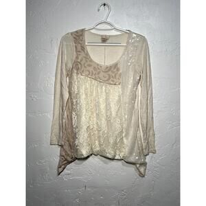 Daytrip linen sequin lace flowy shirt womens medium‎ boho chic whimsical angelic